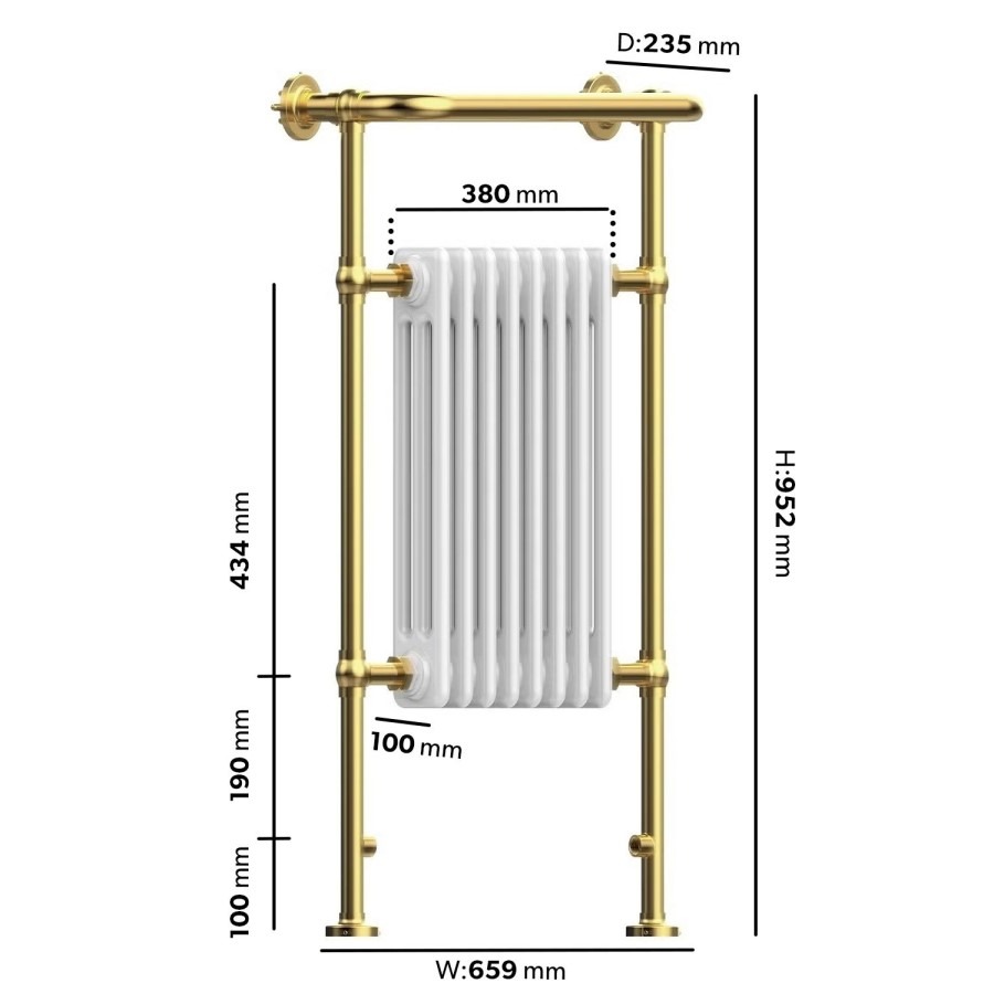 White and Brass Traditional Column Radiator with Towel Rail 952 x 659mm - Regent - Image 3