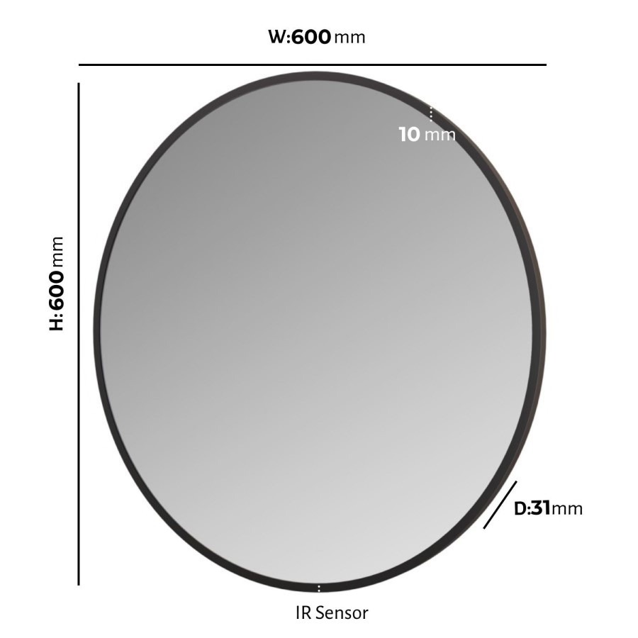 Round Black Backlit Heated Bathroom Mirror with Lights 600mm – Orion - Image 3