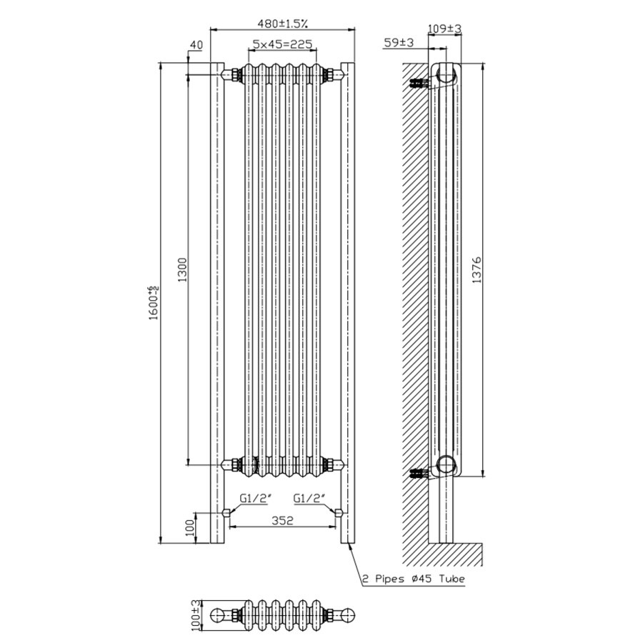 White and Black Vertical Traditional Column Radiator 1600 x 480mm- Regent - Image 4