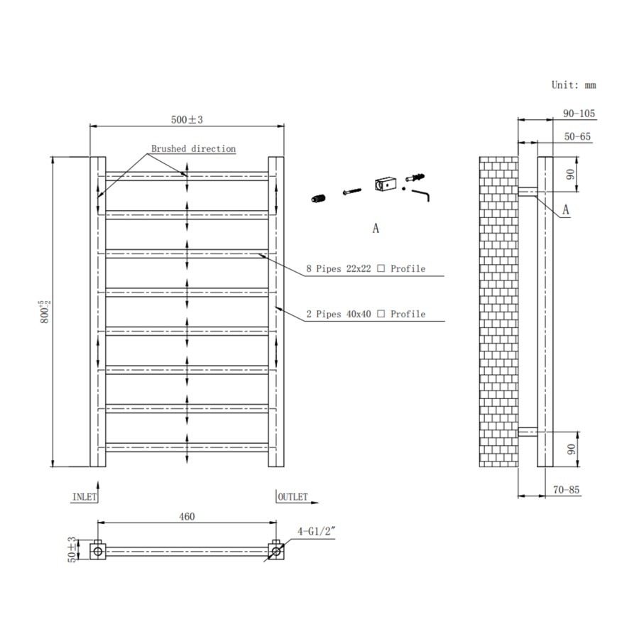 Brass Towel Radiator 800 x 500mm with Pipe kit and Straight Valves – Sonoran - Image 5