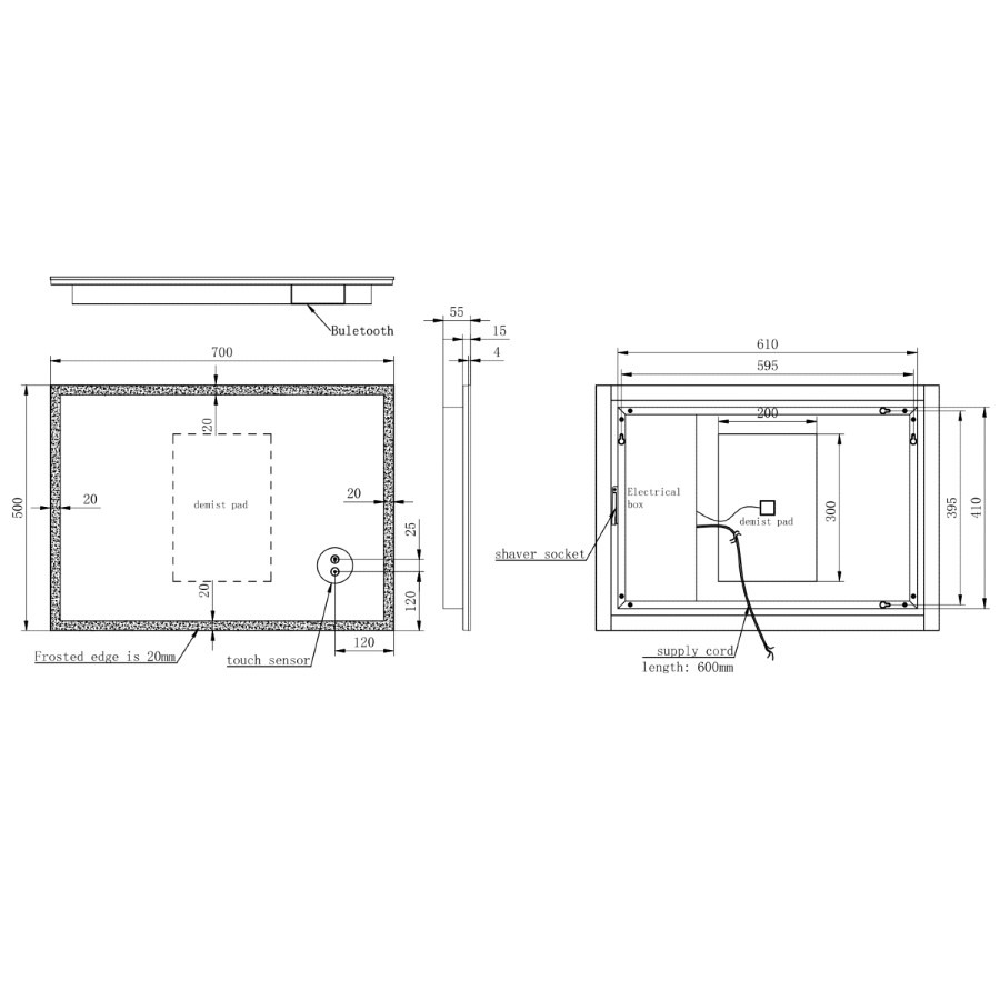 Rectangular Heated Bathroom Mirror with Lights Shaver Socket & Bluetooth Speaker 700 x 500mm - Divine - Image 4