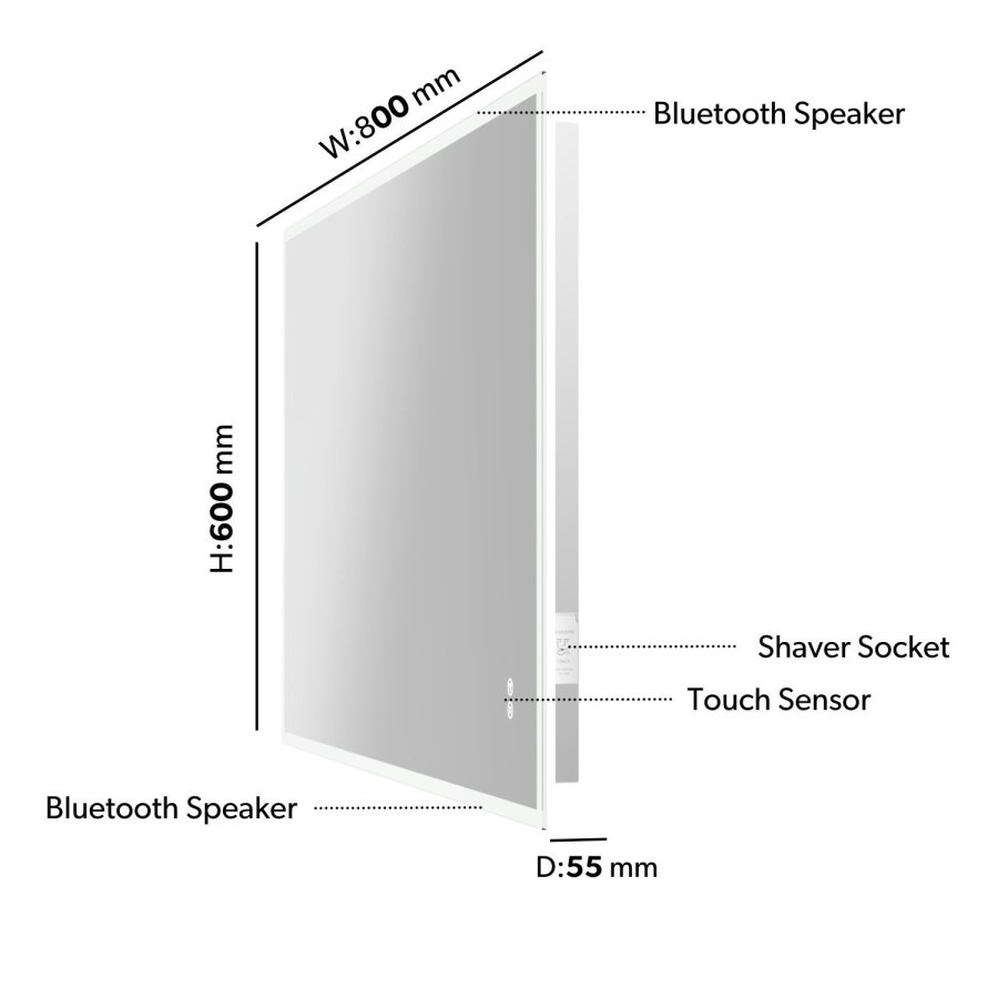 Rectangular Heated Bathroom Mirror with Lights Shaver Socket & Bluetooth Speaker 800 x 600mm - Divine - Image 5