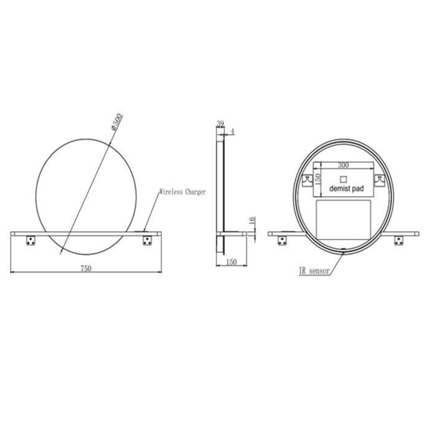 Round Backlit Heated Bathroom Mirror with Lights & Black Shelf 500mm - Ersa - Image 5