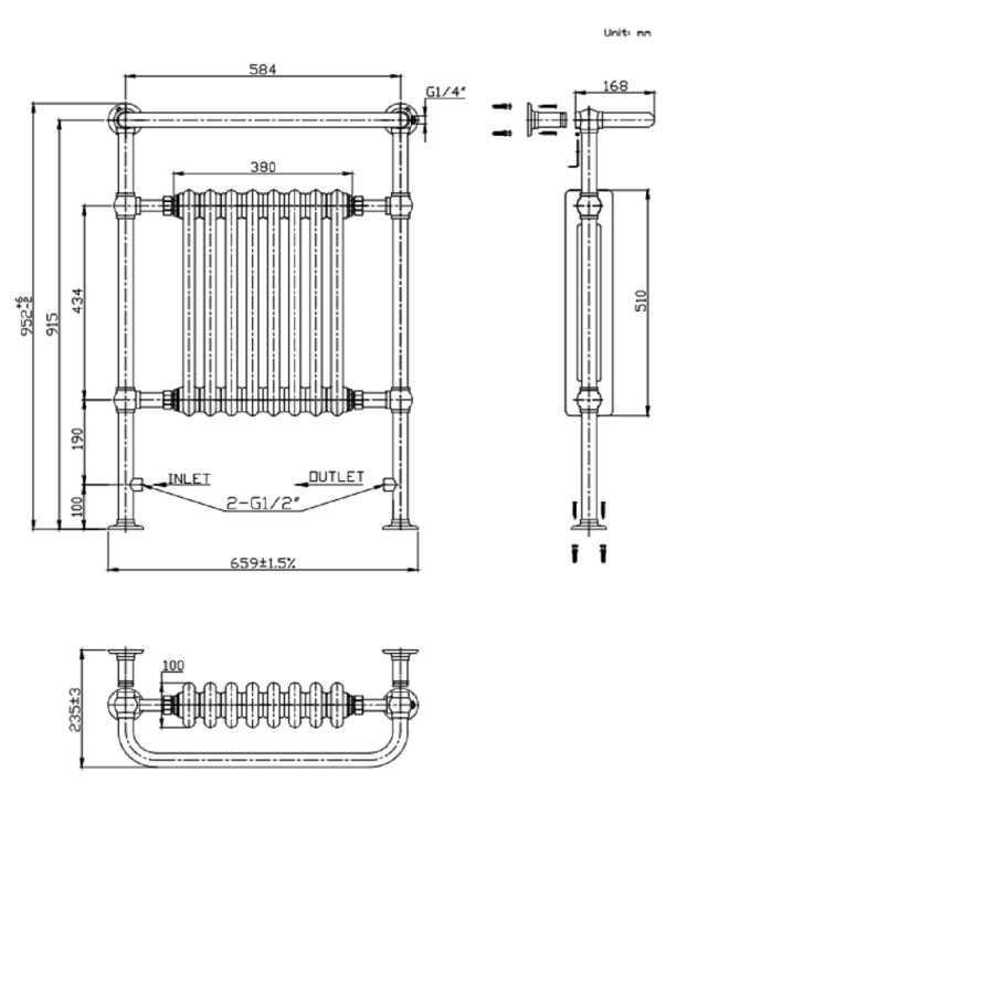 White and Brass Traditional Column Radiator with Towel Rail 952 x 659mm - Regent - Image 4