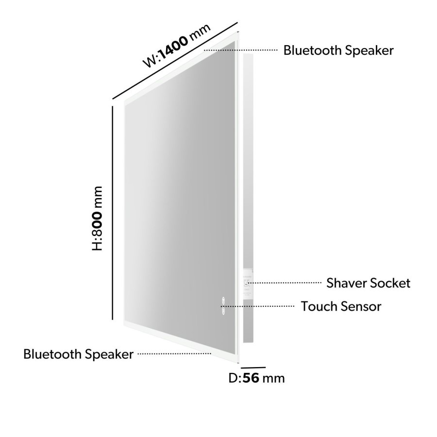 Rectangular Heated Bathroom Mirror with Lights Shaver Socket & Bluetooth Speaker 1400 x 800mm - Divine - Image 5