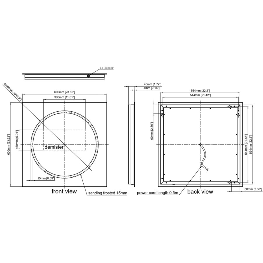 Square Front and Backlit Heated Bathroom Mirror with Lights 600mm - Saturn - Image 5