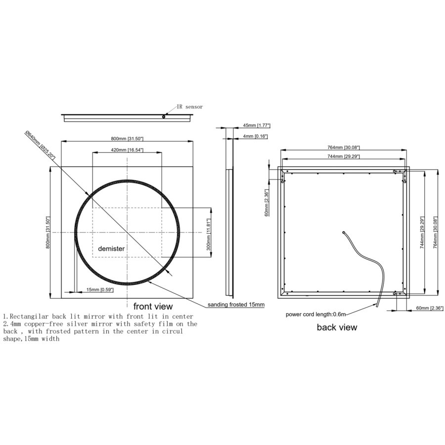 Square Front and Backlit Heated Bathroom Mirror with Lights 800mm - Saturn - Image 5