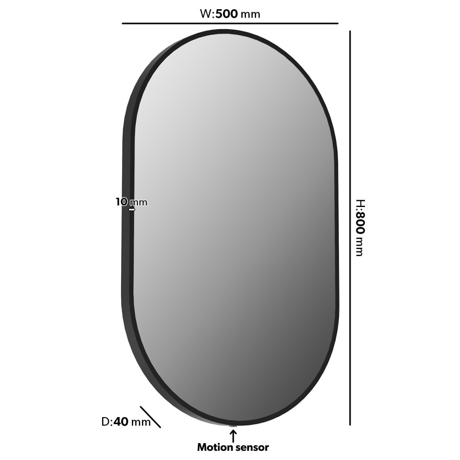 Oval Black Backlit Heated Bathroom Mirror with Lights 500 x 800mm - Venus - Image 4