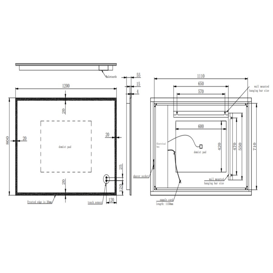 Rectangular Heated Bathroom Mirror with Lights Shaver Socket & Bluetooth Speaker 1200 x 800mm - Divine - Image 6