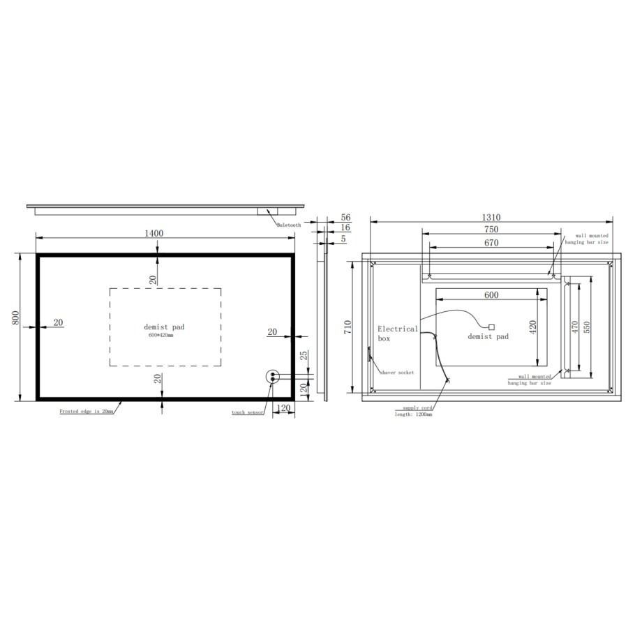 Rectangular Heated Bathroom Mirror with Lights Shaver Socket & Bluetooth Speaker 1400 x 800mm - Divine - Image 6
