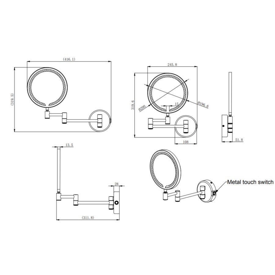 Round Black Magnifying Makeup Bathroom Mirror with Lights 200mm - Gemini - Image 5