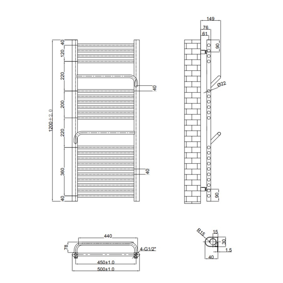 Brass Towel Radiator 1200 x 500mm - Nazco - Image 6