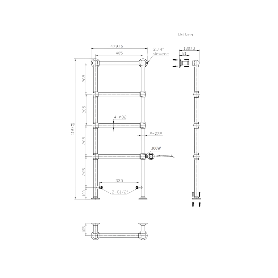 Brass Vertical Electric Towel Radiator 1200 x 479mm - Regent - Image 6