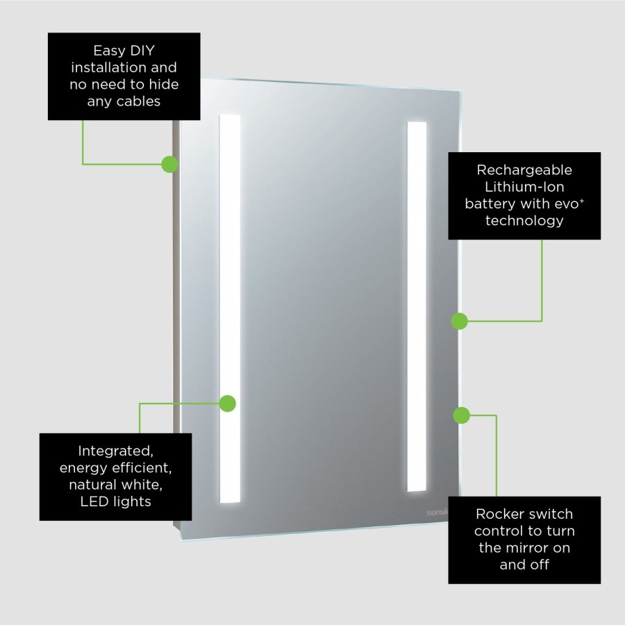 Sensio Lumino Evo+ Rectangular Bathroom Mirror with Battery Operated Lights - 300 x 450mm - Image 6
