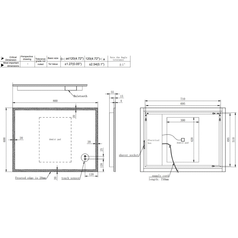 Rectangular Heated Bathroom Mirror with Lights Shaver Socket & Bluetooth Speaker 800 x 600mm - Divine - Image 7