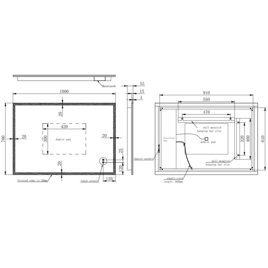 Rectangular Heated Bathroom Mirror with Lights Shaver Socket & Bluetooth Speaker 1000 x 700mm - Divine - Image 6