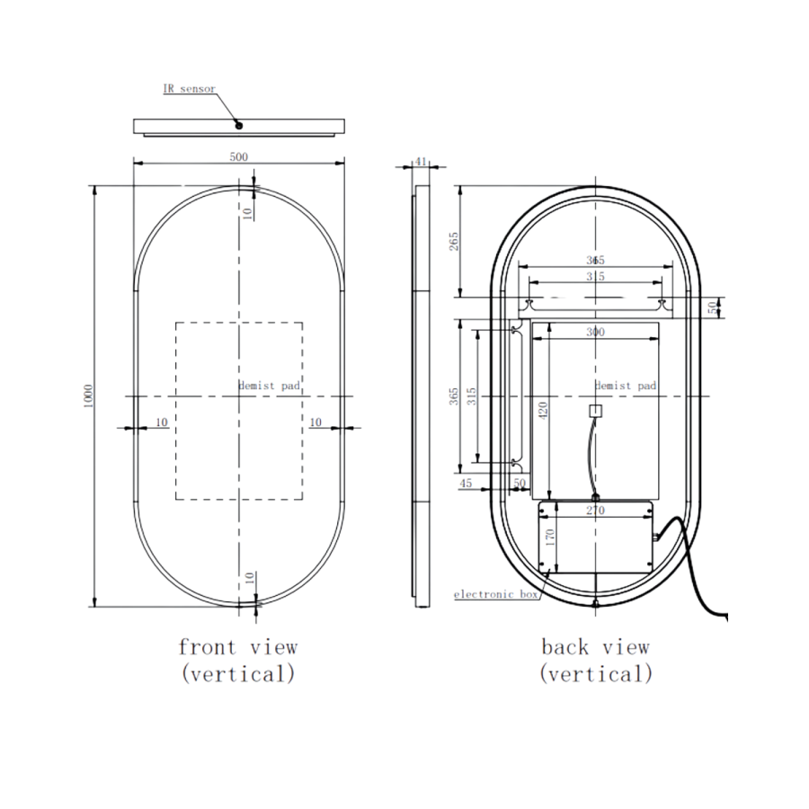 Oval Black Backlit Heated Bathroom Mirror with Lights 500 x 1000mm - Venus - Image 7
