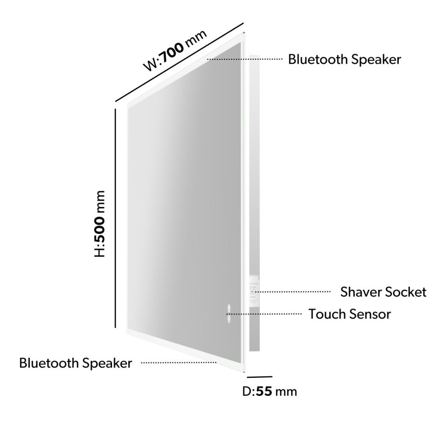 Rectangular Heated Bathroom Mirror with Lights Shaver Socket & Bluetooth Speaker 700 x 500mm - Divine - Image 7