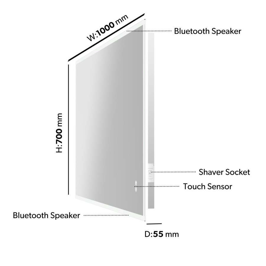 Rectangular Heated Bathroom Mirror with Lights Shaver Socket & Bluetooth Speaker 1000 x 700mm - Divine - Image 7