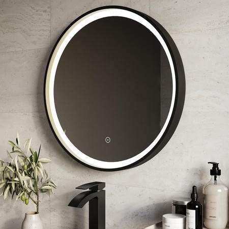Round Black & Brass Heated Bathroom Mirror with Lights 600mm - Arlo - Image 2