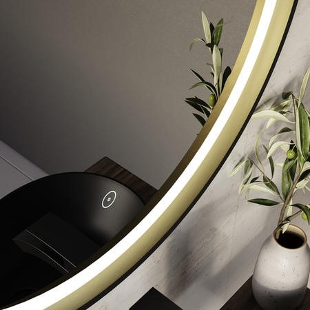 Round Black & Brass Heated Bathroom Mirror with Lights 600mm - Arlo - Image 3